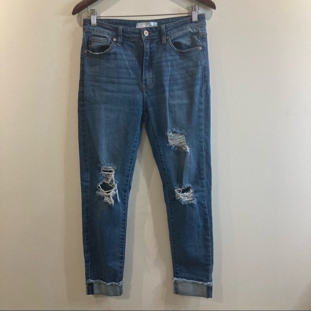 KANCAN Sz 9/28 Jeans Distressed Raw Hem Boyfriend Style Jeans Mid-Wash
